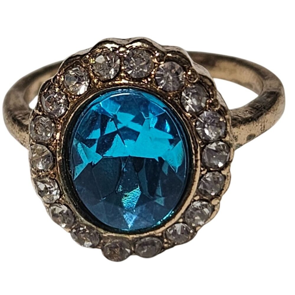 Vintage Gold Tone Blue Gemstone Ring Rhinestone Halo Size 7.5